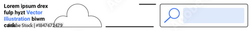 Technology, internet search, online storage, data management, cloud computing, digital tools. A cloud icon connected to a search bar. Online storage and internet search themed concept