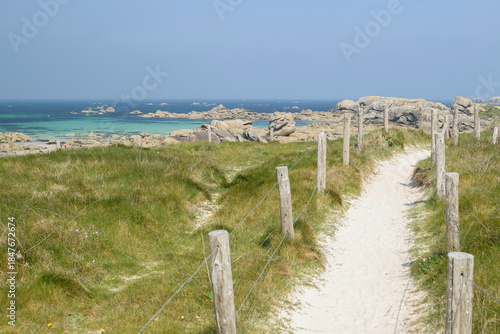 Chemin cotier en été au milieu des dunes en bord de mer à Kerlouan dans le Finistere, région Bretagne.