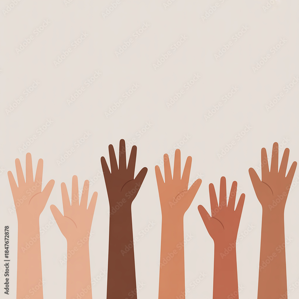 Fototapeta premium Hands Reaching: A visual testament to unity and diversity, a collection of hands reaching upwards. This image evokes themes of cooperation, support, and the collective spirit of human endeavor. 