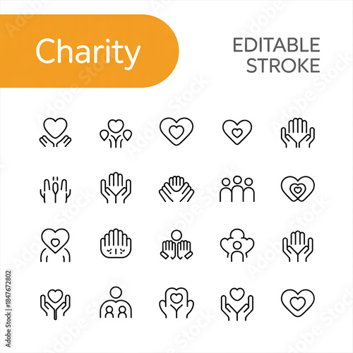 Empathy and Compassion: A Collection of Charity Icons Illustrating Acts of Kindness, Support, and Unity. 