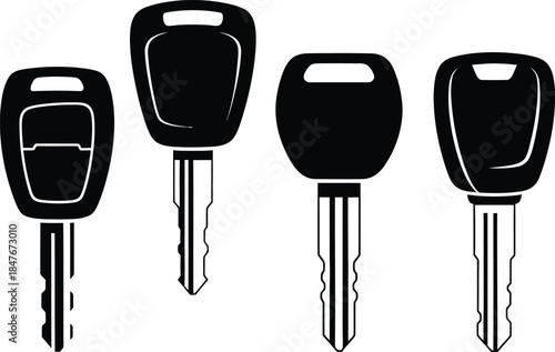Set of car key silhouette icons and vehicle remote control symbols for automotive security and ignition access isolated on white background for locksmith services.