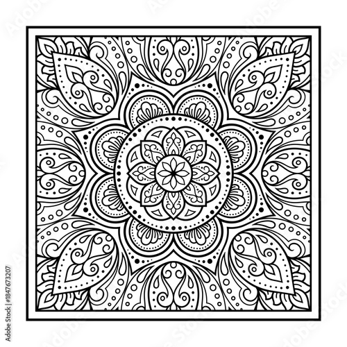 Decorative pattern of flowers and paisley for printing on fabric. Ornament for a bandana, a silk neckerchief, a tablecloth or a kerchief. Square sketch in tribal or oriental style.
