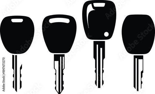 Set of car key silhouette icons for automotive security and vehicle access management isolated on white background with different modern remote control designs.