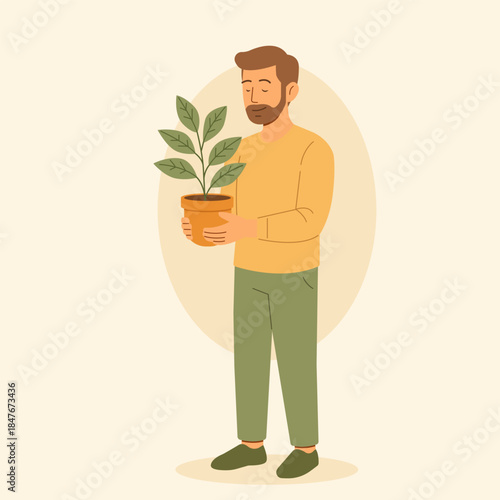 Minimal illustration of a man holding a houseplant with closed eyes. Concept of calm lifestyle, care, mindfulness, connection with nature, balance, and peaceful everyday moment.