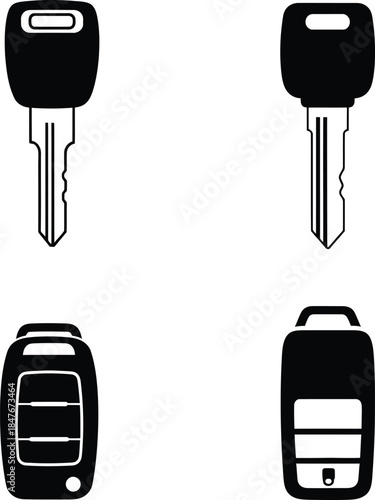 Collection of car key icons and smart remote fobs for automotive security and vehicle ignition systems isolated on white background for graphic design projects.