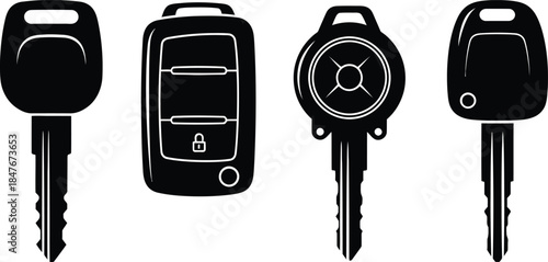 Set of various car ignition keys and smart remote entry fobs isolated on white background for automotive security system and transport service vector illustration.
