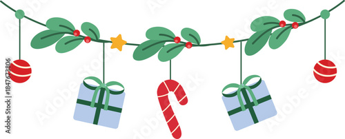 Cute Christmas Garland with Mistletoe, Gift, Candy Cane, Bauble and Stars Decoration Illustration 