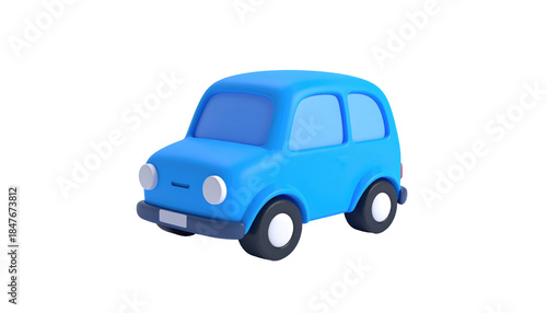 A cartoonish, glossy, blue vehicle rendered with dark tires and a white license plate