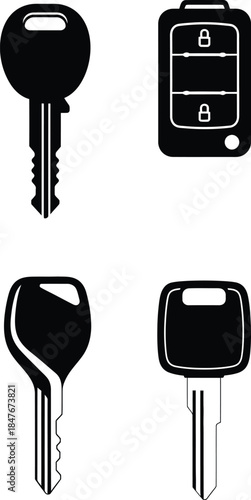 Collection of car ignition keys and remote control fob icons isolated on white background for vehicle security transport and locksmith service vector illustration design.