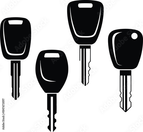 Set of car keys and automotive ignition key icons isolated on white background for vehicle security transport and locksmith service vector illustration design element.