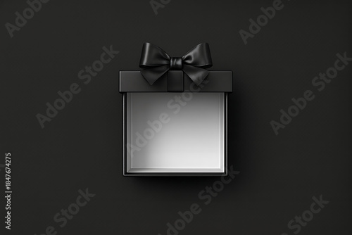 Black elegant gift box opened from the top view with a silk ribbon on a dark background for premium luxury brand product mockup