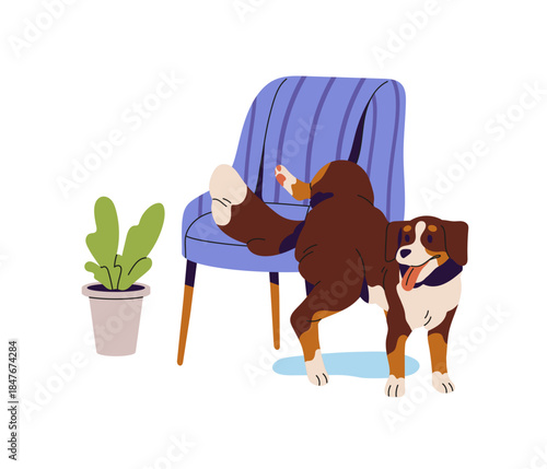Naughty dog pees on armchair in room. Bad puppy is marking at home. Mischievous pup. Pet with unwanted habits. Domestic animal behavior problem. Flat isolated vector illustration on white background