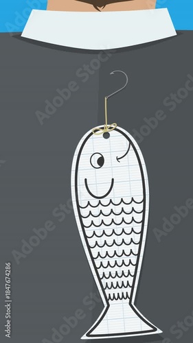 Animation of a paper fish prank on a businessman's back. The fish is attached to the jacket. (vertical)