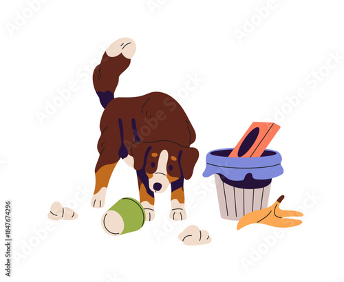 Naughty dog eats from trash can. Puppy with bad behavior steals food from garbage bin. Pup scatters waste, does mess. Mischievous animal, pet. Flat isolated vector illustration on white background