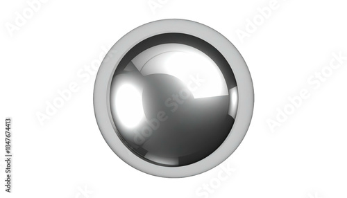 Metallic orb centered in a gray ring, reflecting light on a black background, casting an ethereal glow