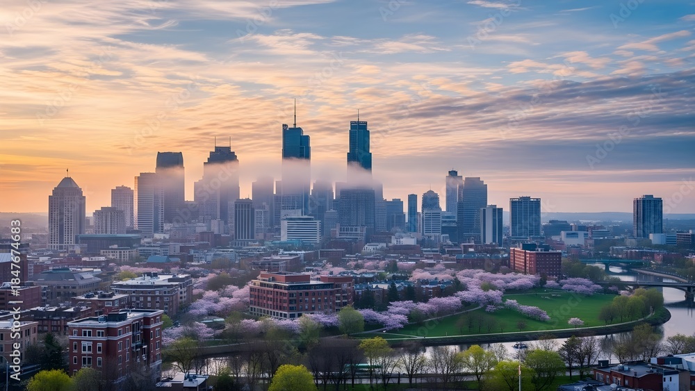 Obraz premium City skyline buildings sunset sky