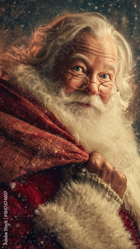 Realistic Santa Claus Portrait – Happy Holiday Spirit with Snowfall, Red Coat & Fur Trim – Christmas Photo for Ads, Cards, and Festive Designs