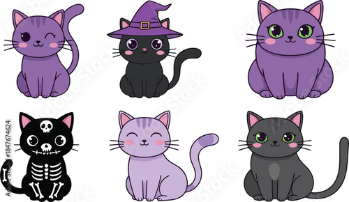 Cute Kawaii Cat Character Set with Halloween Witch and Skeleton Costumes in Adorable Flat Cartoon Vector Illustration