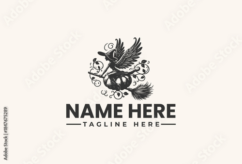 A black and white vector illustration of a winged creature surrounded by decorative elements and text placeholders for a logo or brand identity on a beige background.