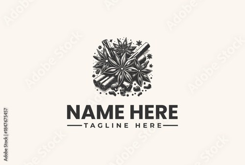 A vector illustration of a logo design concept with a flower-like graphic and placeholder text on a beige background.