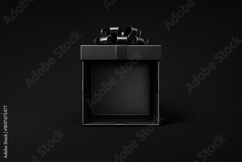 Front view of a luxury open black gift box with a ribbon bow on top against a solid black background mockup
