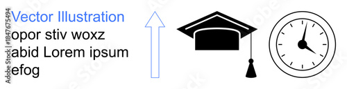 Education, career planning, time management, academic success, goal achievement, and progress tracking. Black graduation cap, clock and upward arrow. Education and career planning concept