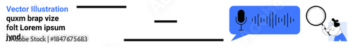 Audio communication, speech recognition, voice recording, customer support, podcasting, digital tools. Microphone and sound wave in a speech bubble. Audio communication and speech recognition