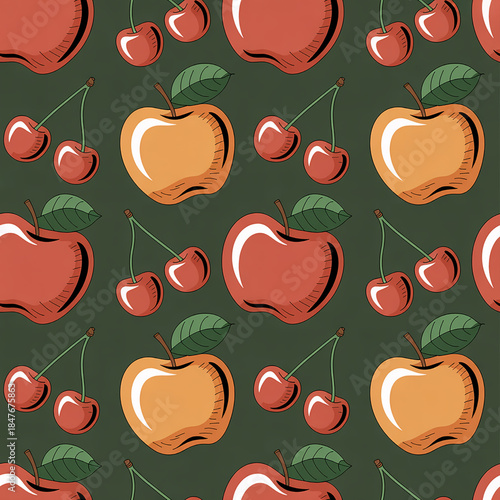 Juicy Harvest Pattern: An inviting pattern of ripe apples and cherries, offering a taste of summer's bounty against a rich, earthy backdrop.