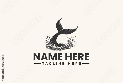 A vector illustration of a whale tail logo with a tagline on a beige background, featuring a stylized design with waves and text placeholder.