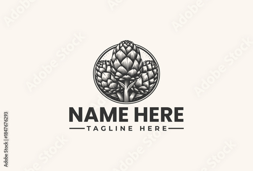 Black and white vector illustration of a flower logo with placeholder text on a light beige background, featuring a circular design with leaves and petals.