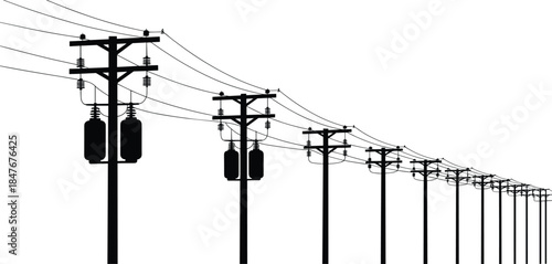 Electric power distribution poles silhouette illustration, overhead lines infrastructure, utility transformers, energy transmission network, 