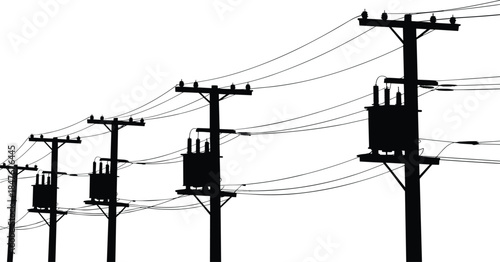 Electric power distribution poles silhouette, overhead lines and transformers, utility infrastructure, energy transmission system, industrial electricity concept, black and white