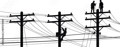 Electric power line workers silhouette illustration showing linemen repairing utility poles high voltage electricity infrastructure vector concept