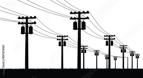 Electric power line silhouette illustration showing utility poles and transmission cables energy infrastructure landscape vector graphic design industrial electricity network