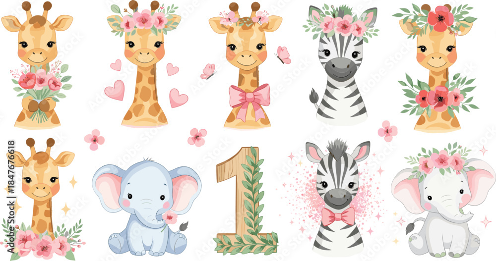 Fototapeta premium Cute Safari Animal Baby Illustration Set with Giraffe Zebra Elephant and Floral Elements in Soft Pastel Flat Vector Style