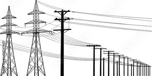 Electric power transmission towers and utility poles silhouette long distance electricity grid infrastructure isolated on white background energy concept