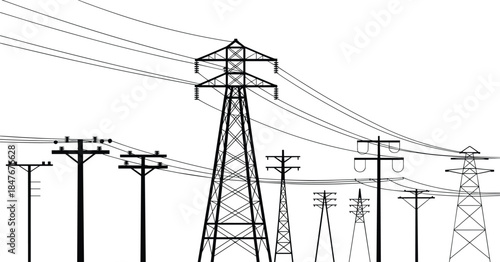 Electric power transmission tower with mixed utility poles silhouette electricity grid infrastructure isolated on white background industrial energy concept