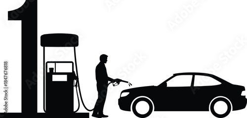 Gas station fuel pump silhouette illustration showing man refueling car petrol energy transportation service vector icon concept
