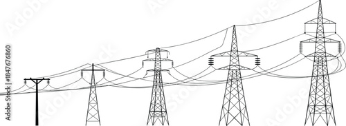 High voltage electricity transmission towers line art illustration, power grid pylons with overhead cables, energy infrastructure isolated on white