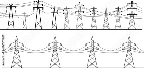 High voltage electricity transmission towers illustration, overhead power lines, utility infrastructure silhouettes, electric grid engineering, industrial energy distribution conceptHigh voltage 