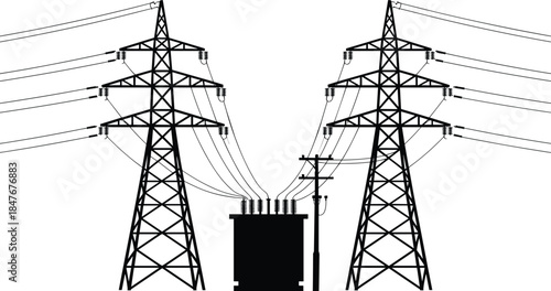 High voltage electricity transmission towers with transformer silhouette industrial power grid infrastructure isolated on white background energy concept
