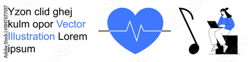 Healthcare, digital learning, music therapy, wellness, creativity, online work. Blue heart with a pulse line, music note woman using laptop. Healthcare and digital learning concept
