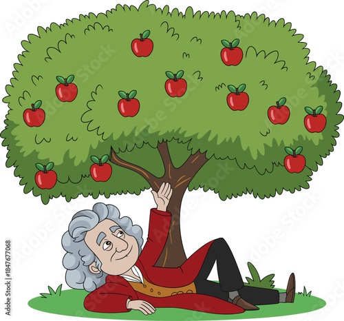 Isaac Newton apple tree cartoon illustration, gravity discovery concept, famous scientist resting under apple tree isolated