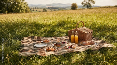 Outdoor picnic scene on a soft blanket in a vibrant green field, showcasing an assortment of pastries and drinks in a wicker basket, inviting relaxation and enjoyment in a tranquil natural setting
