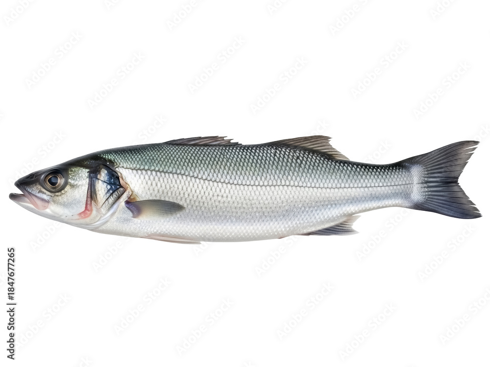 Obraz premium Isolated fresh European seabass fish, dicentrarchus labrax, with scales, whole, ready to cook