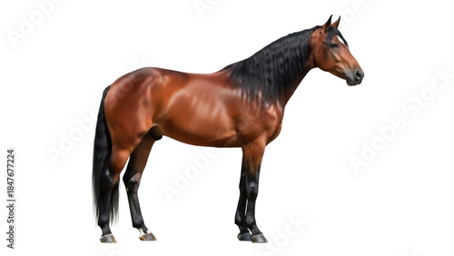Isolated brown horse standing in side view, showing dark mane and tail on seamless backdrop