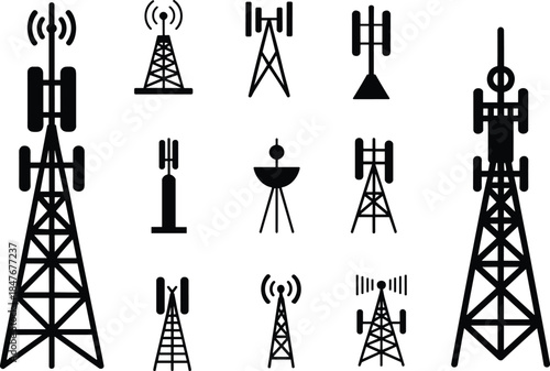 Telecommunication tower silhouette icon set wireless signal antenna network transmission technology infrastructure isolated black symbols collection