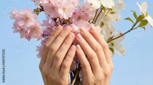 Delicate hands gently holding a bouquet of pink cherry blossoms and white flowers against a clear blue sky, symbolizing beauty, nature, and the arrival of spring with vibrant colors and soft textures