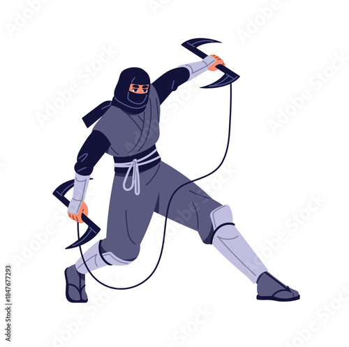Shinobi, Ninja in costume attacks with two kusarigamas in fight. Samurai in mask with sickle on chain. Ancient Japanese fighter, warrior holds blade, weapon. Flat isolated vector illustration on white
