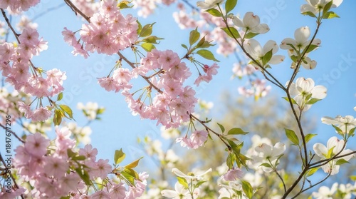Blossoming cherry and dogwood trees adorned with delicate pink and white flowers against a clear blue sky, creating a vibrant spring atmosphere filled with natural beauty and tranquility